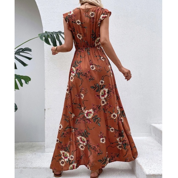 Boho Rust Brown Floral Print V neck Ruffle Cap Sleeve Maxi Dress - Picture 2 of 7